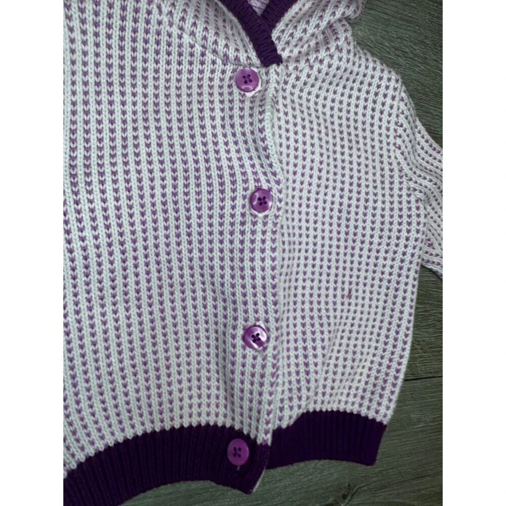Baby Hooded Knit Cardigan Sweater Pom Pom Purple White Button 6-12 Months
